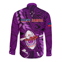 Purple rugby long-sleeve button shirt, full tribal print, MANU SAMOA and logo