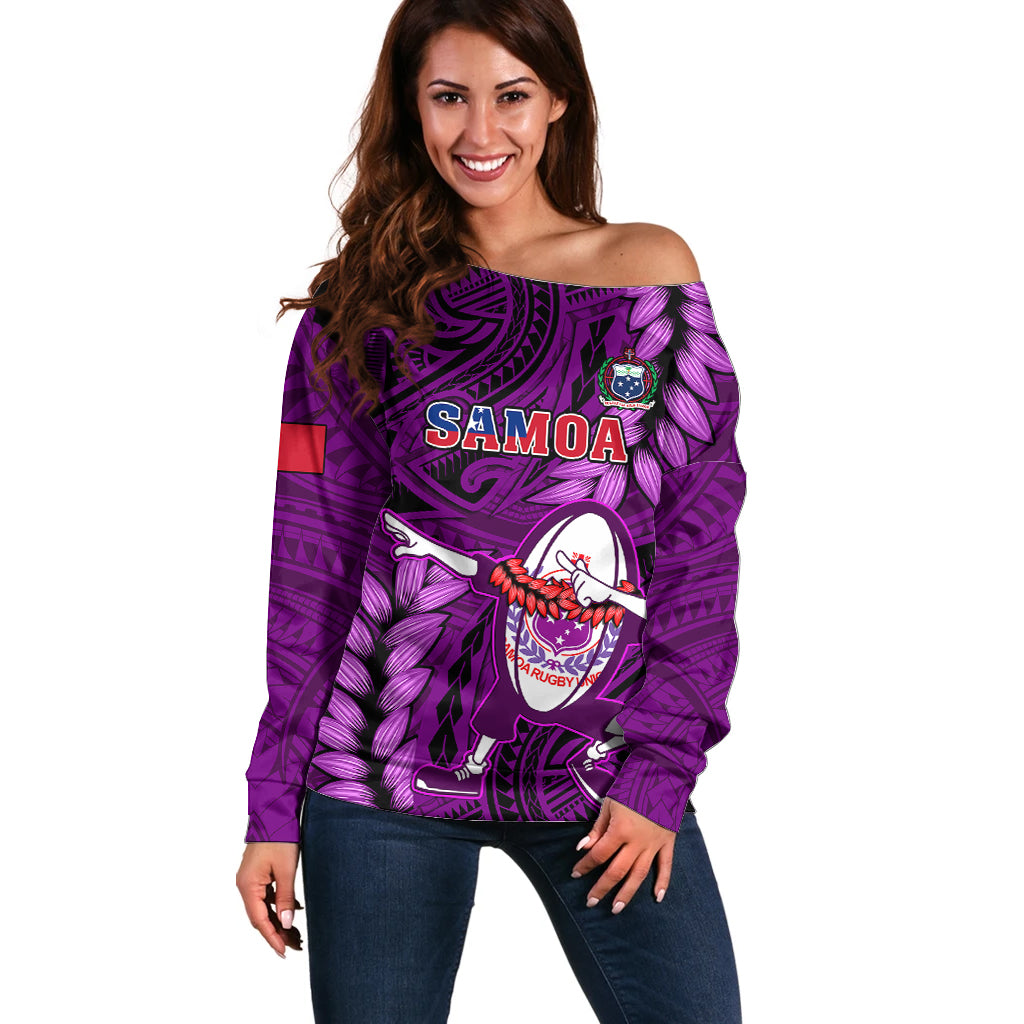 Samoa Rugby Off Shoulder Sweater Manu Samoa Ula Fala Dabbing Ball Polynesian Purple Version - Wonder Print Shop