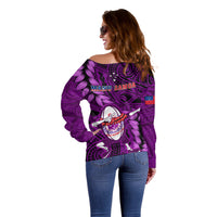 Purple off-shoulder rugby sweater with Manu Samoa back logo and crest, long sleeves
