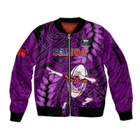 Purple zip-up bomber jacket with ribbed cuffs and large front Polynesian sports graphic