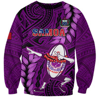 Purple rugby sweatshirt with Samoa logo, dabbing player graphic, and floral pattern