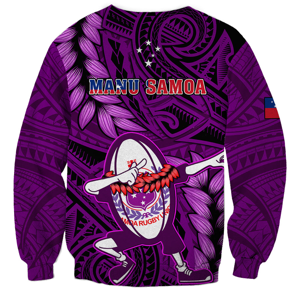 Purple rugby sweatshirt with Manu Samoa back graphic, dabbing player, and pattern