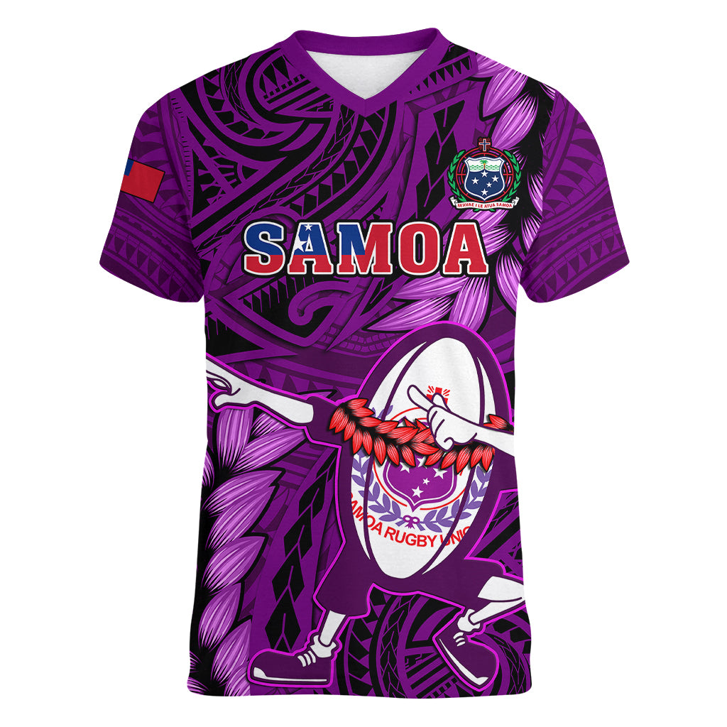 samoa-rugby-women-v-neck-t-shirt-manu-samoa-ula-fala-dabbing-ball-polynesian-blue-version