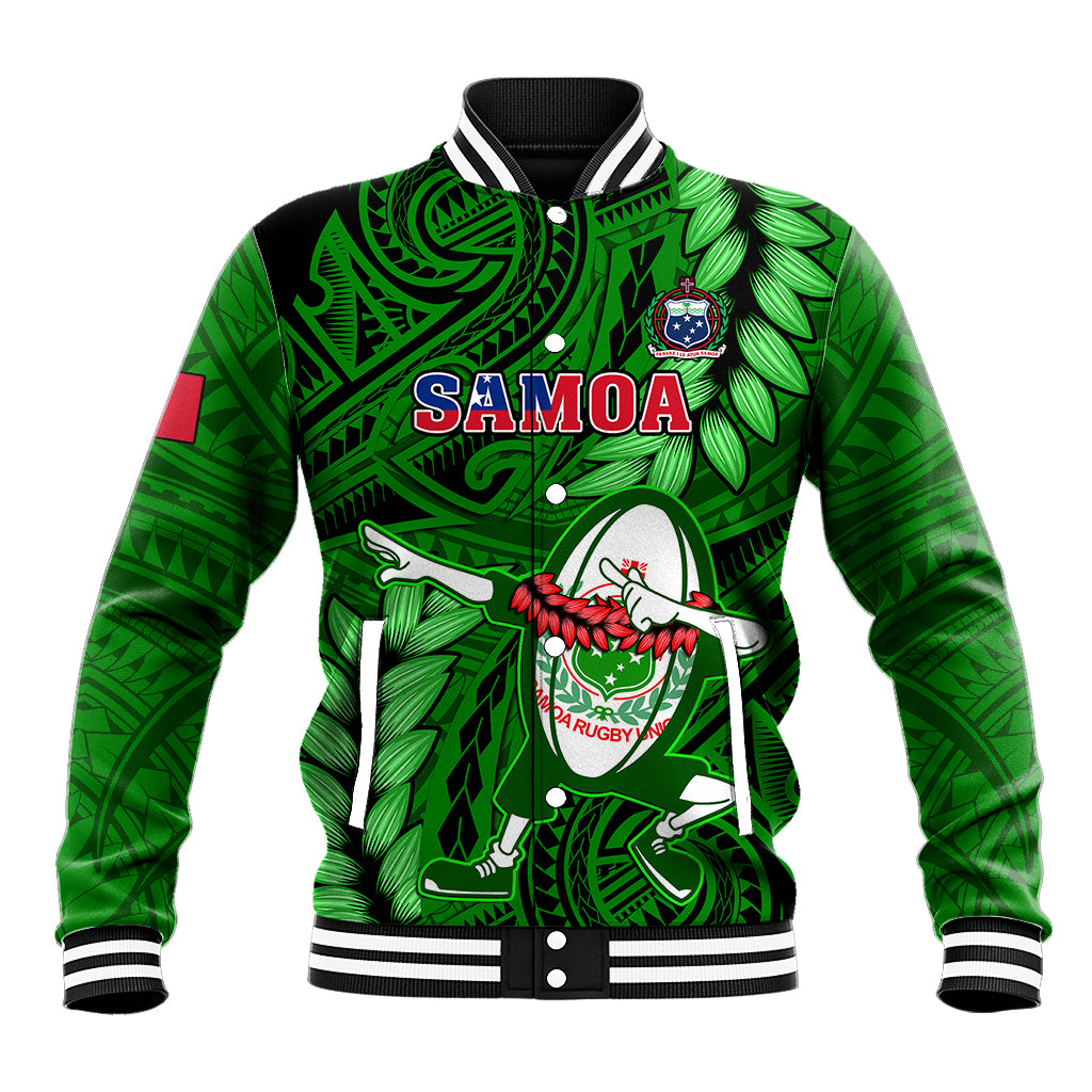 Green rugby baseball jacket with Samoa graphic, leaf patterns, striped rib trim, snap buttons