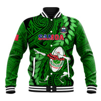Green rugby baseball jacket with Samoa graphic, leaf patterns, striped rib trim, snap buttons