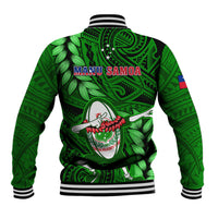 Green rugby baseball jacket, Manu Samoa back print, leaf motifs, striped rib hem and cuffs