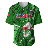 Green Samoa rugby-style baseball jersey with leaf pattern, button placket, Samoa crest