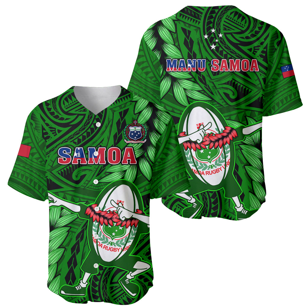 Green Manu Samoa rugby jersey set showing front and back, leaf pattern, Samoa crest, shield