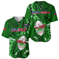 Green Manu Samoa rugby jersey set showing front and back, leaf pattern, Samoa crest, shield