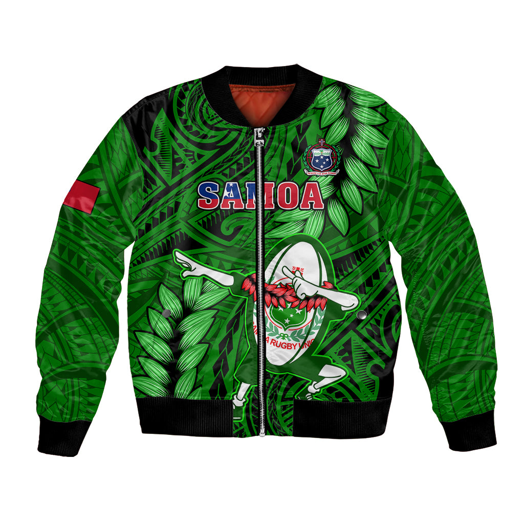 Green bomber jacket with full-zip, ribbed trim, Samoa text and rugby dabbing graphic