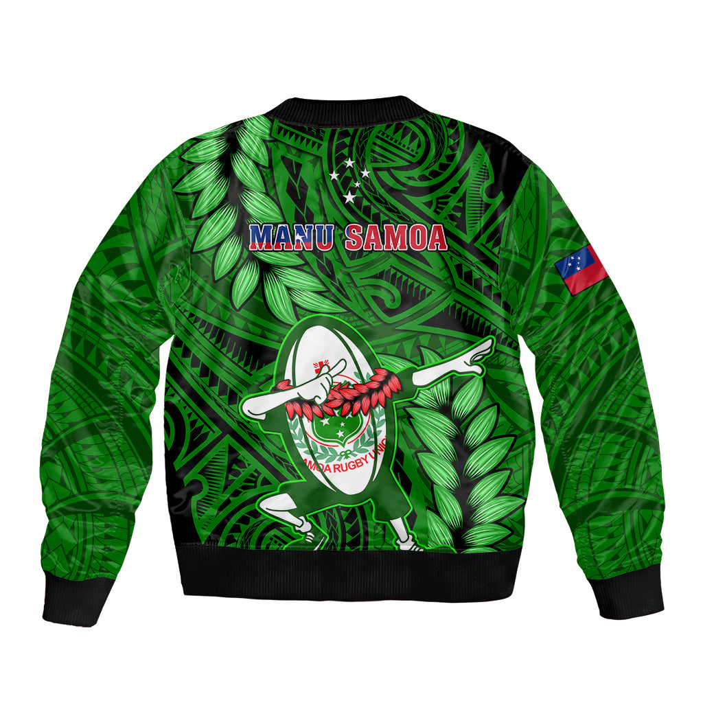 Green bomber jacket with ribbed trim, Manu Samoa text and rugby dabbing graphic