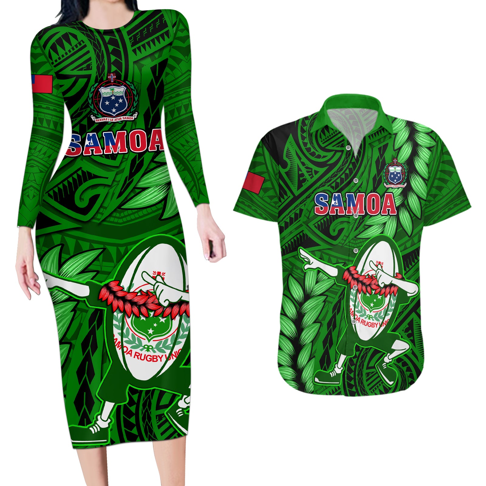 Samoa Rugby Couples Matching Long Sleeve Bodycon Dress and Hawaiian Shirt Manu Samoa Ula Fala Dabbing Ball Polynesian Green Version - Wonder Print Shop