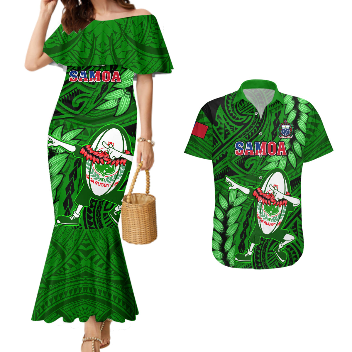 Samoa Rugby Couples Matching Mermaid Dress and Hawaiian Shirt Manu Samoa Ula Fala Dabbing Ball Polynesian Green Version - Wonder Print Shop