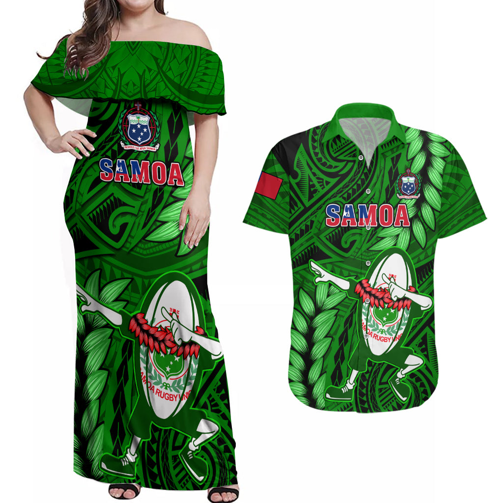 Samoa Rugby Couples Matching Off Shoulder Maxi Dress and Hawaiian Shirt Manu Samoa Ula Fala Dabbing Ball Polynesian Green Version - Wonder Print Shop