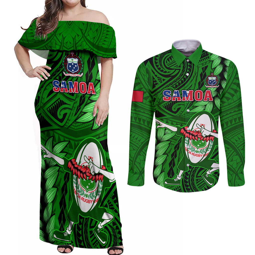 Samoa Rugby Couples Matching Off Shoulder Maxi Dress and Long Sleeve Button Shirts Manu Samoa Ula Fala Dabbing Ball Polynesian Green Version - Wonder Print Shop