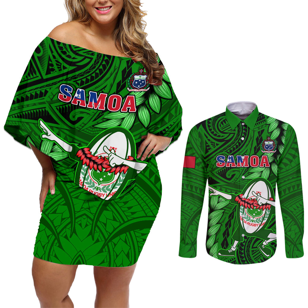 Samoa Rugby Couples Matching Off Shoulder Short Dress and Long Sleeve Button Shirts Manu Samoa Ula Fala Dabbing Ball Polynesian Green Version - Wonder Print Shop