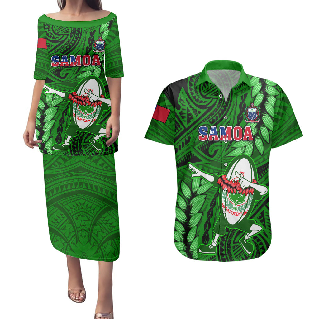 Samoa Rugby Couples Matching Puletasi Dress and Hawaiian Shirt Manu Samoa Ula Fala Dabbing Ball Polynesian Green Version - Wonder Print Shop