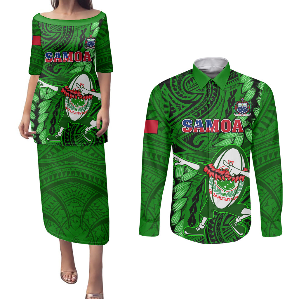 Samoa Rugby Couples Matching Puletasi Dress and Long Sleeve Button Shirts Manu Samoa Ula Fala Dabbing Ball Polynesian Green Version - Wonder Print Shop