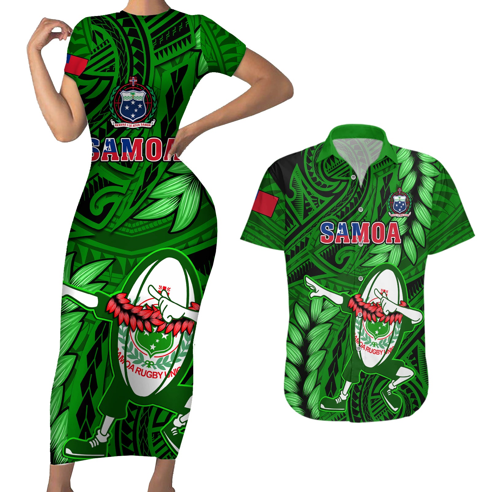 Samoa Rugby Couples Matching Short Sleeve Bodycon Dress and Hawaiian Shirt Manu Samoa Ula Fala Dabbing Ball Polynesian Green Version - Wonder Print Shop