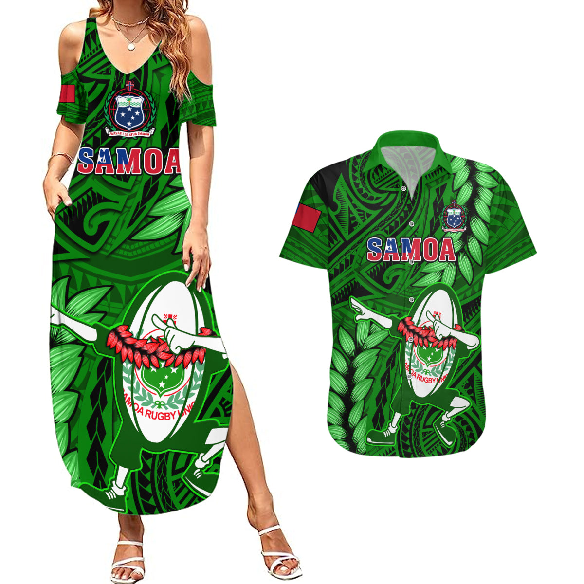 Samoa Rugby Couples Matching Summer Maxi Dress and Hawaiian Shirt Manu Samoa Ula Fala Dabbing Ball Polynesian Green Version - Wonder Print Shop