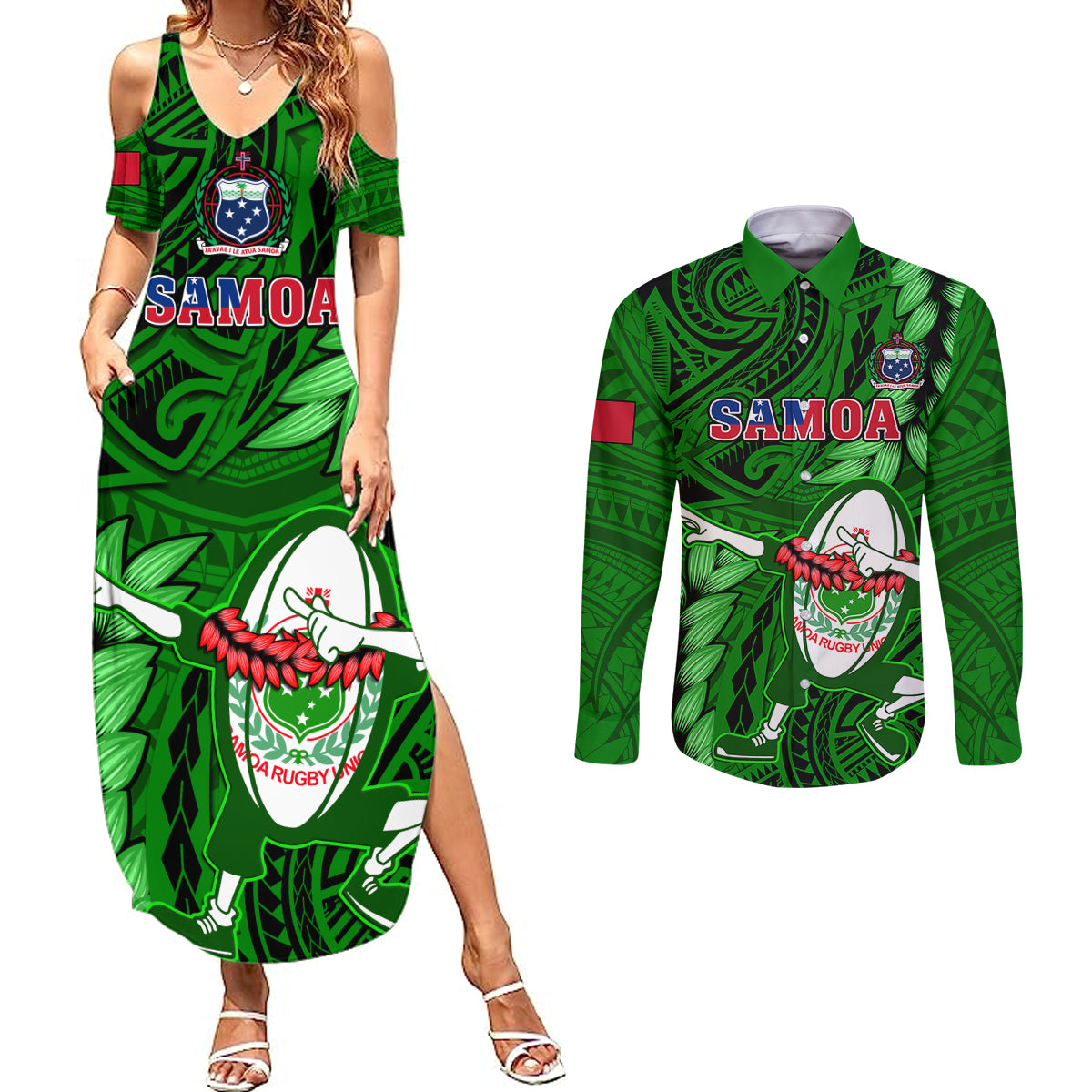 Samoa Rugby Couples Matching Summer Maxi Dress and Long Sleeve Button Shirts Manu Samoa Ula Fala Dabbing Ball Polynesian Green Version - Wonder Print Shop