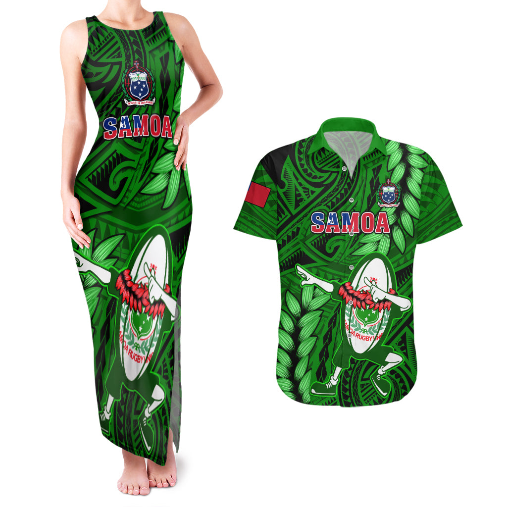 Samoa Rugby Couples Matching Tank Maxi Dress and Hawaiian Shirt Manu Samoa Ula Fala Dabbing Ball Polynesian Green Version - Wonder Print Shop