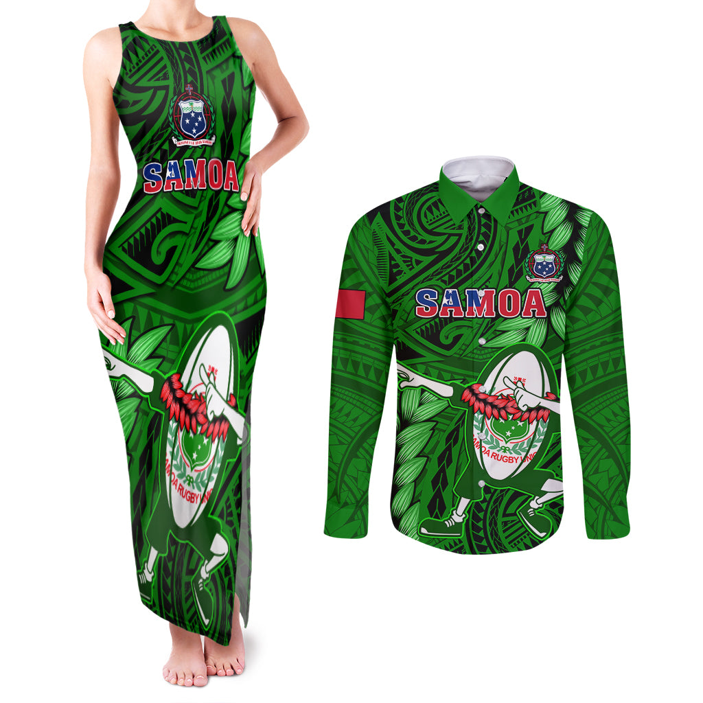 Samoa Rugby Couples Matching Tank Maxi Dress and Long Sleeve Button Shirts Manu Samoa Ula Fala Dabbing Ball Polynesian Green Version - Wonder Print Shop