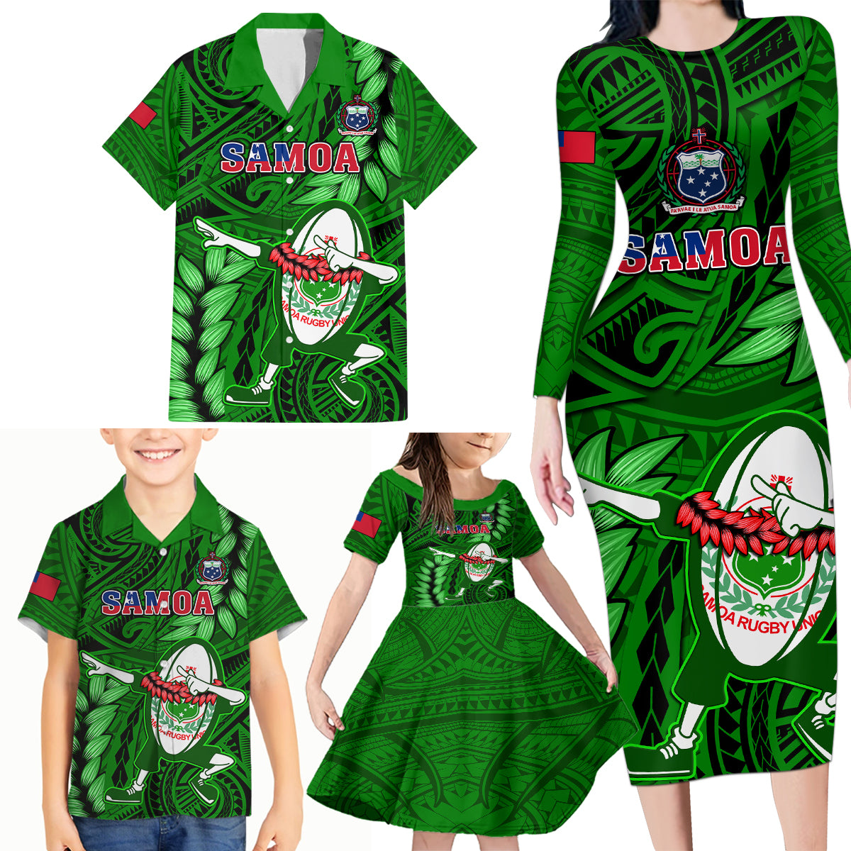 Samoa Rugby Family Matching Long Sleeve Bodycon Dress and Hawaiian Shirt Manu Samoa Ula Fala Dabbing Ball Polynesian Green Version - Wonder Print Shop