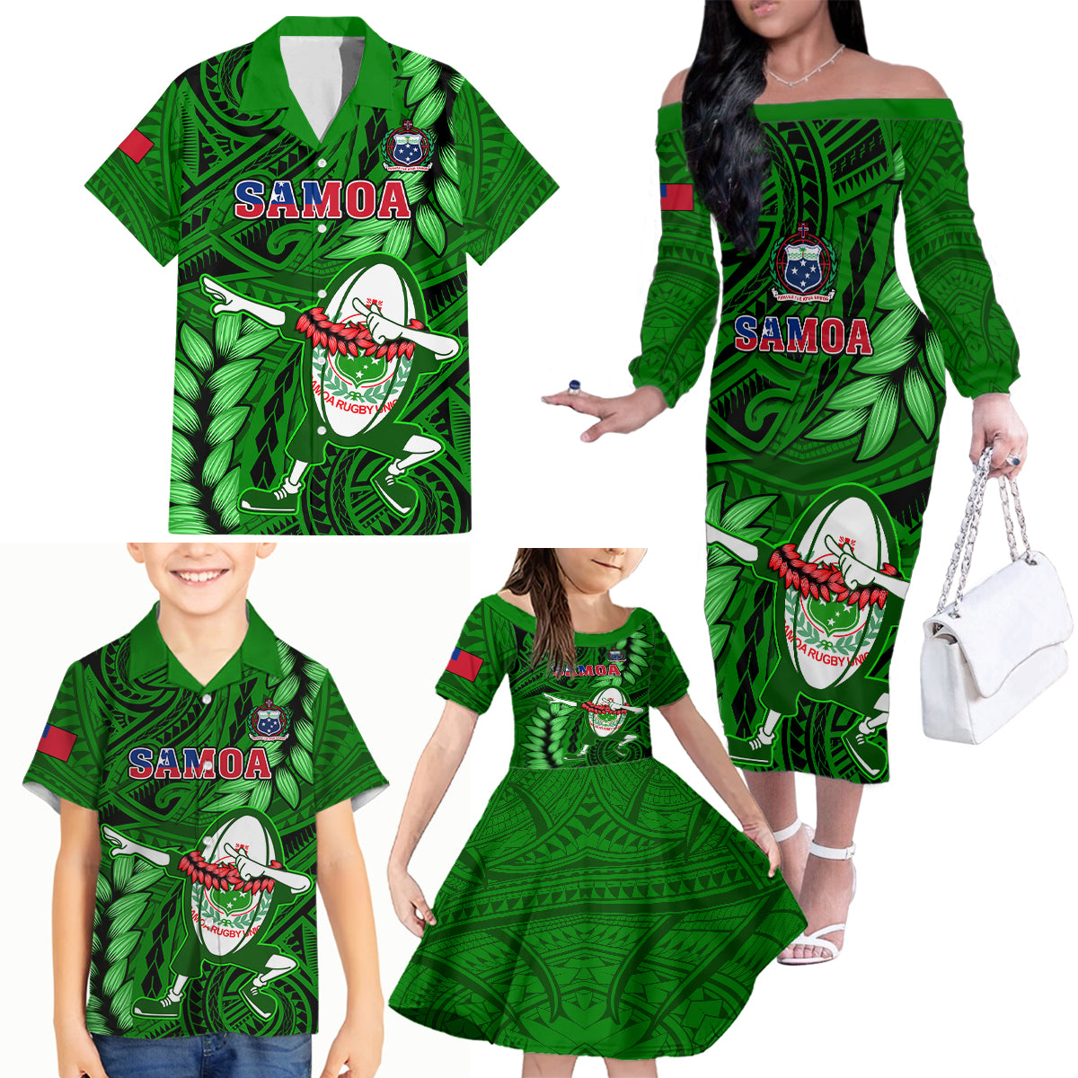 Samoa Rugby Family Matching Off Shoulder Long Sleeve Dress and Hawaiian Shirt Manu Samoa Ula Fala Dabbing Ball Polynesian Green Version - Wonder Print Shop