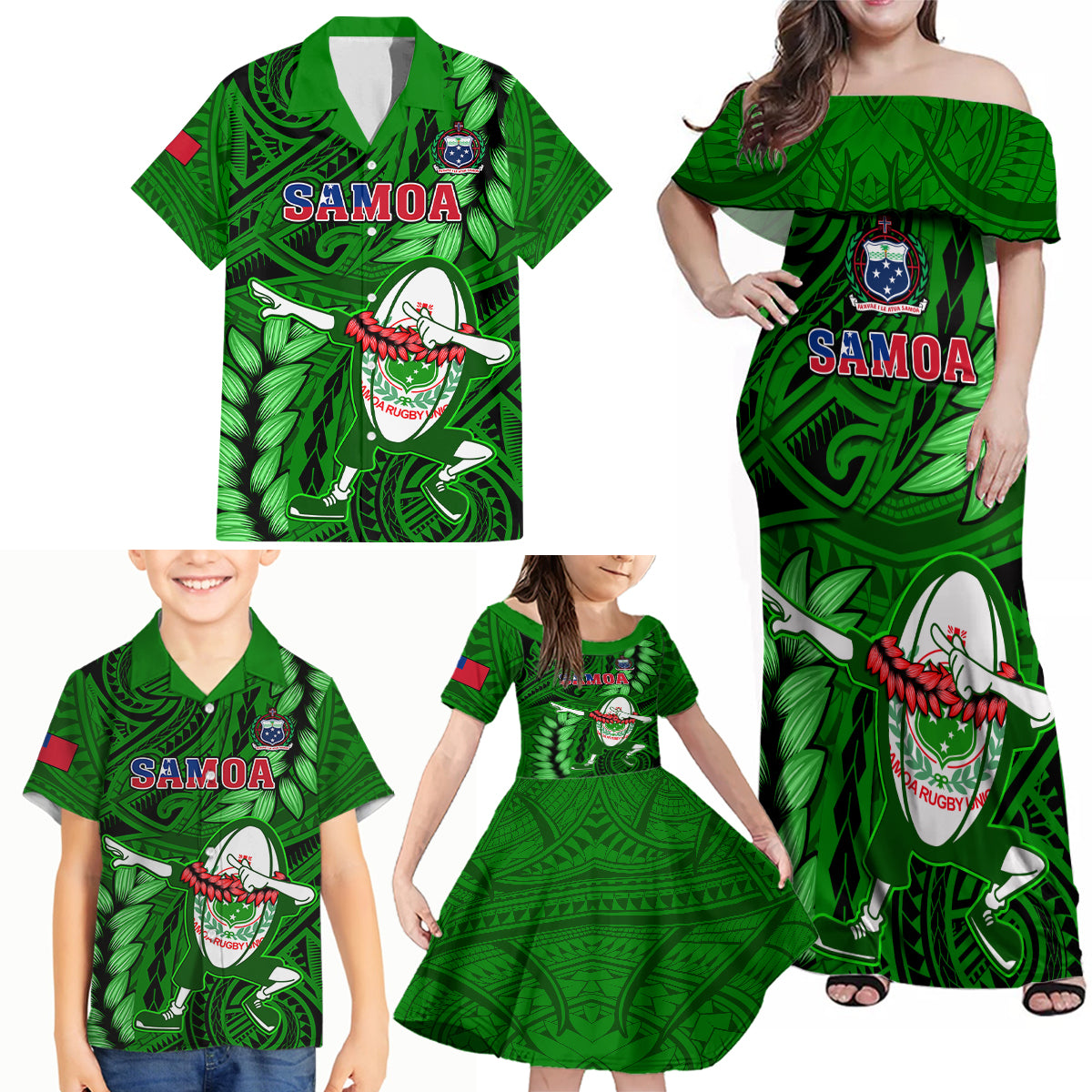 Samoa Rugby Family Matching Off Shoulder Maxi Dress and Hawaiian Shirt Manu Samoa Ula Fala Dabbing Ball Polynesian Green Version - Wonder Print Shop