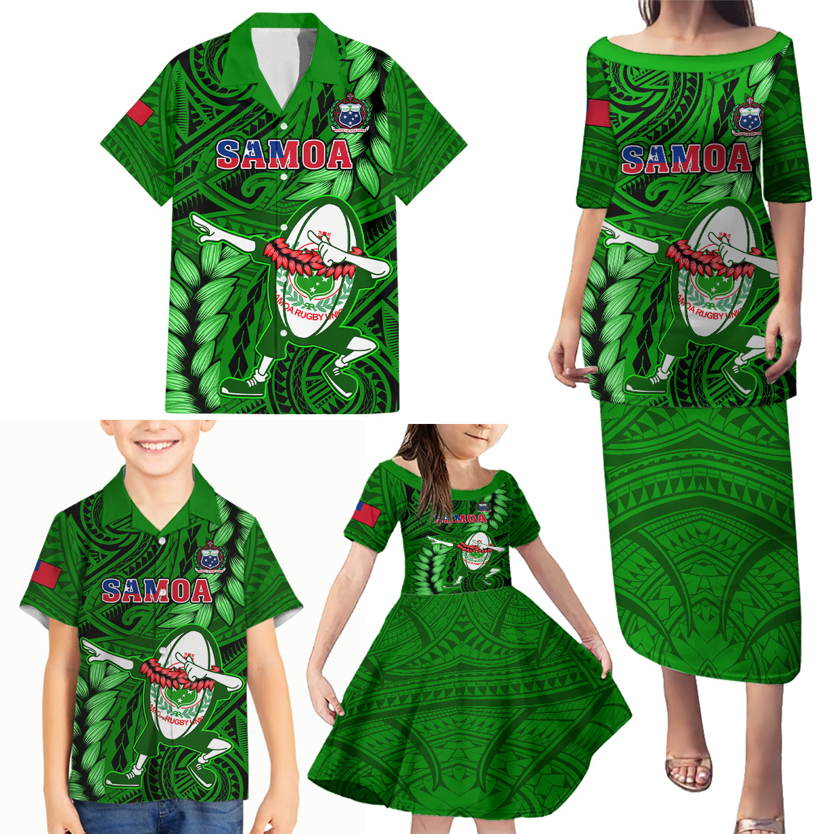 Samoa Rugby Family Matching Puletasi Dress and Hawaiian Shirt Manu Samoa Ula Fala Dabbing Ball Polynesian Green Version - Wonder Print Shop