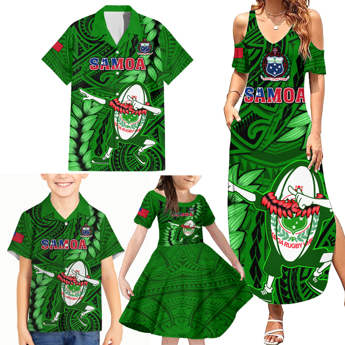 Samoa Rugby Family Matching Summer Maxi Dress and Hawaiian Shirt Manu Samoa Ula Fala Dabbing Ball Polynesian Green Version - Wonder Print Shop