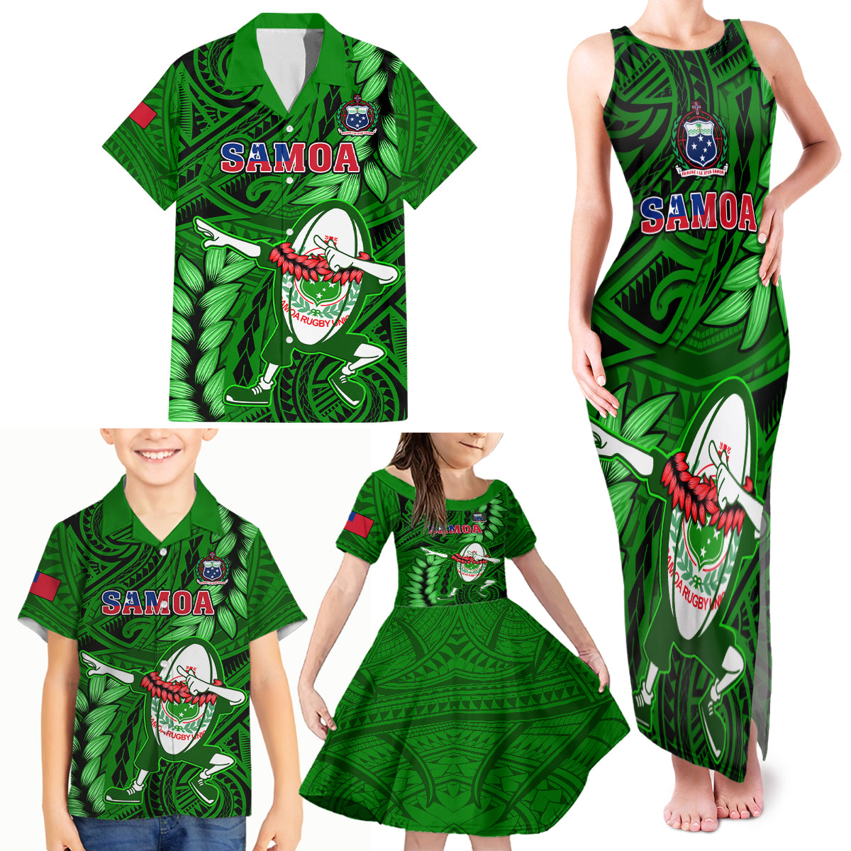 Samoa Rugby Family Matching Tank Maxi Dress and Hawaiian Shirt Manu Samoa Ula Fala Dabbing Ball Polynesian Green Version - Wonder Print Shop