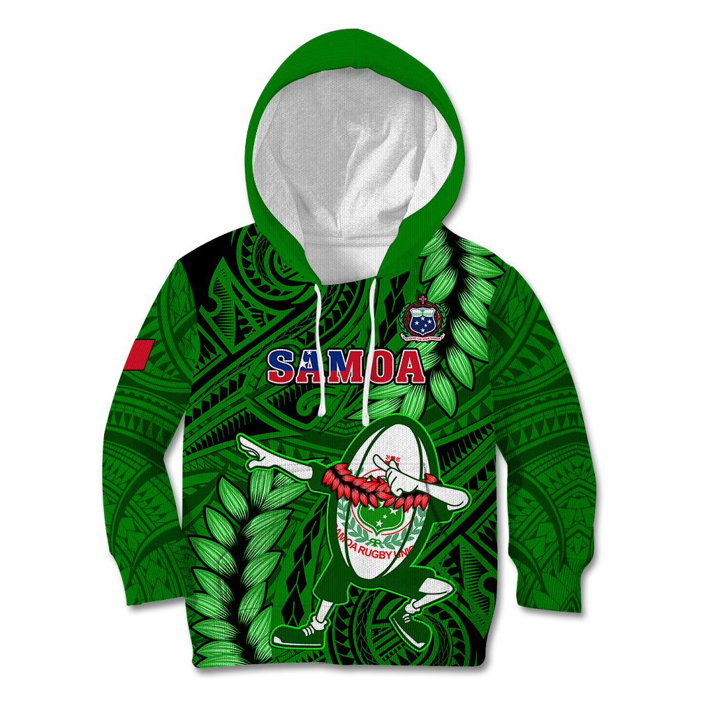 Samoa Rugby Kid Hoodie Manu Samoa Ula Fala Dabbing Ball Polynesian Green Version - Wonder Print Shop