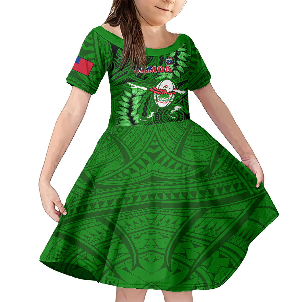 Samoa Rugby Kid Short Sleeve Dress Manu Samoa Ula Fala Dabbing Ball Polynesian Green Version - Wonder Print Shop