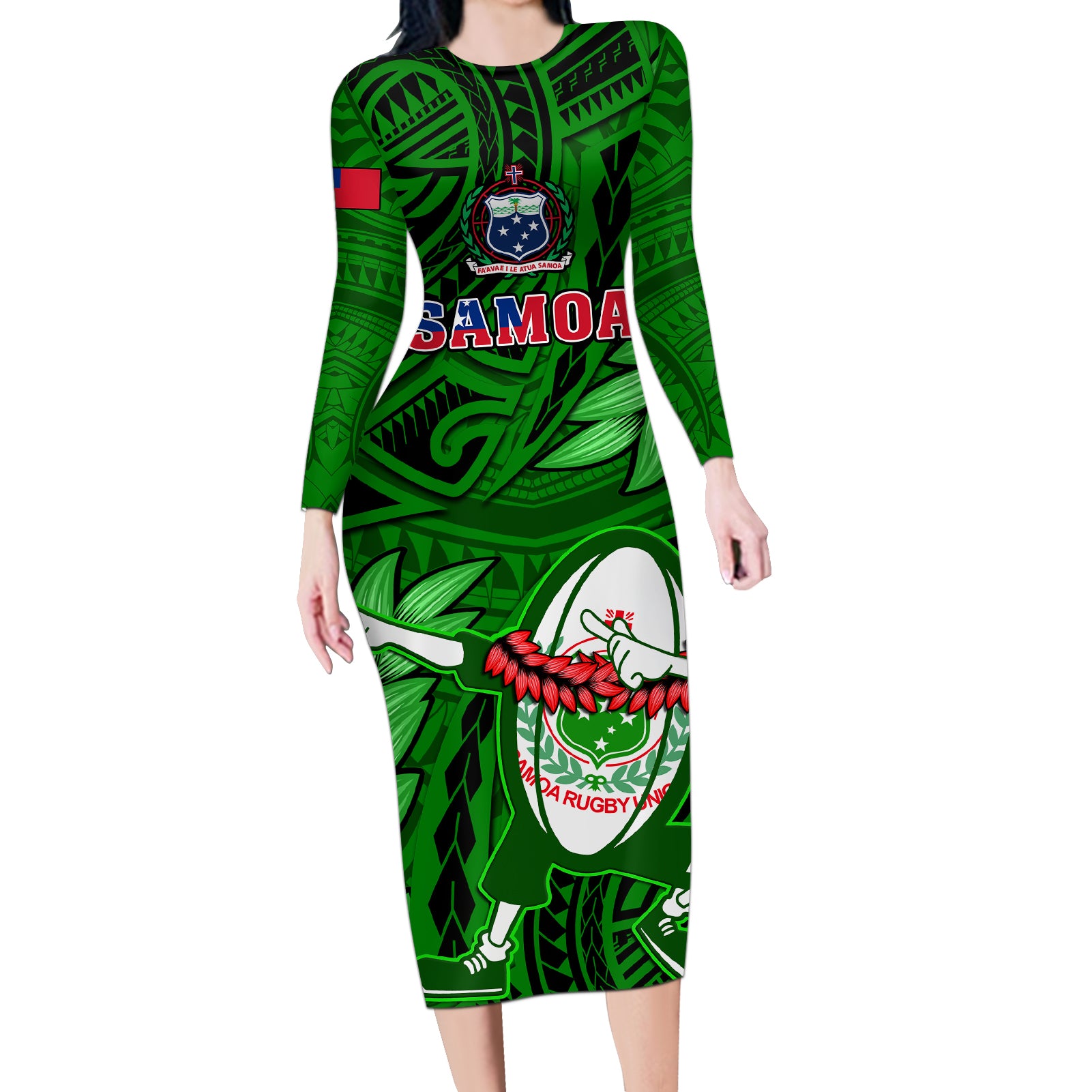 Samoa Rugby Long Sleeve Bodycon Dress Manu Samoa Ula Fala Dabbing Ball Polynesian Green Version - Wonder Print Shop