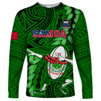Green long-sleeve rugby shirt with Samoa crest and dabbing ball graphic