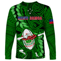 Green long-sleeve rugby shirt with Manu Samoa text and dabbing ball emblem