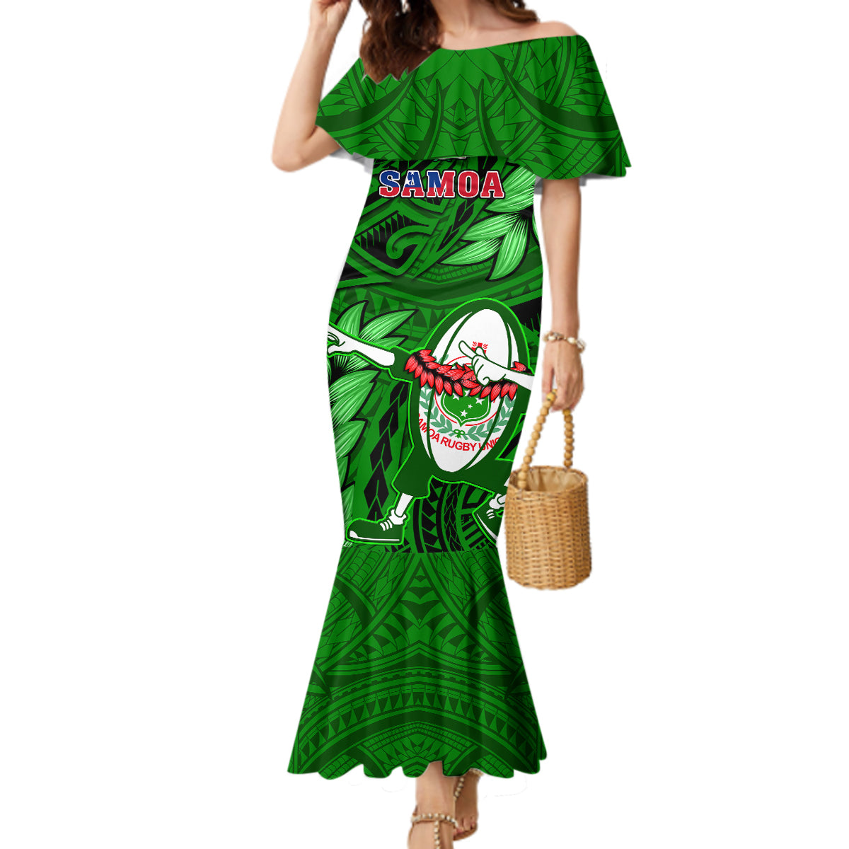 Samoa Rugby Mermaid Dress Manu Samoa Ula Fala Dabbing Ball Polynesian Green Version - Wonder Print Shop