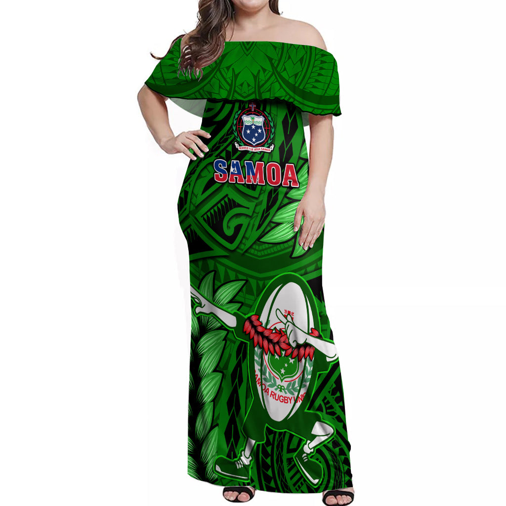 Samoa Rugby Off Shoulder Maxi Dress Manu Samoa Ula Fala Dabbing Ball Polynesian Green Version - Wonder Print Shop