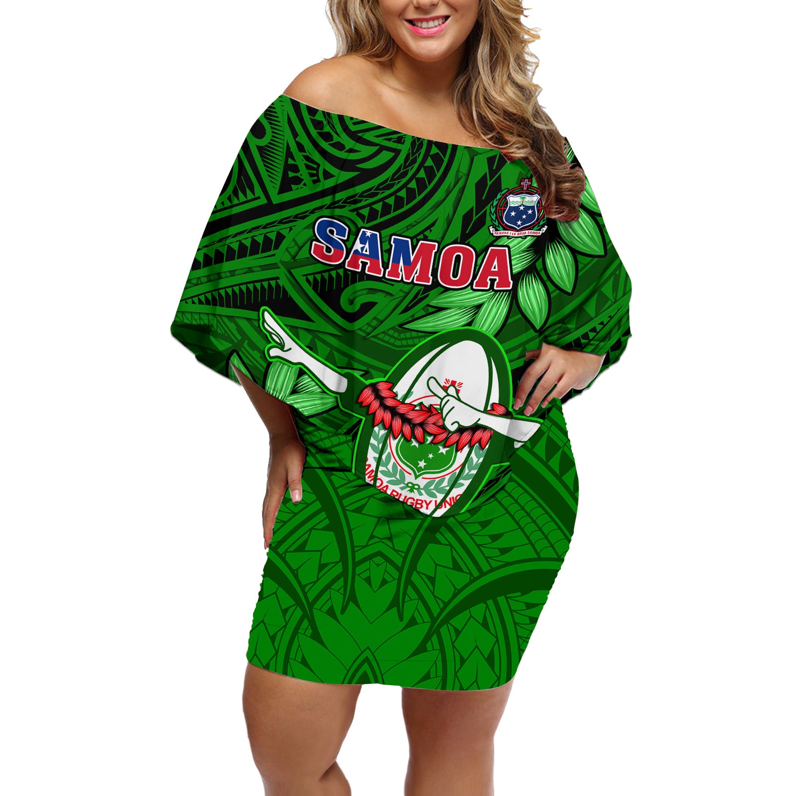 Samoa Rugby Off Shoulder Short Dress Manu Samoa Ula Fala Dabbing Ball Polynesian Green Version - Wonder Print Shop