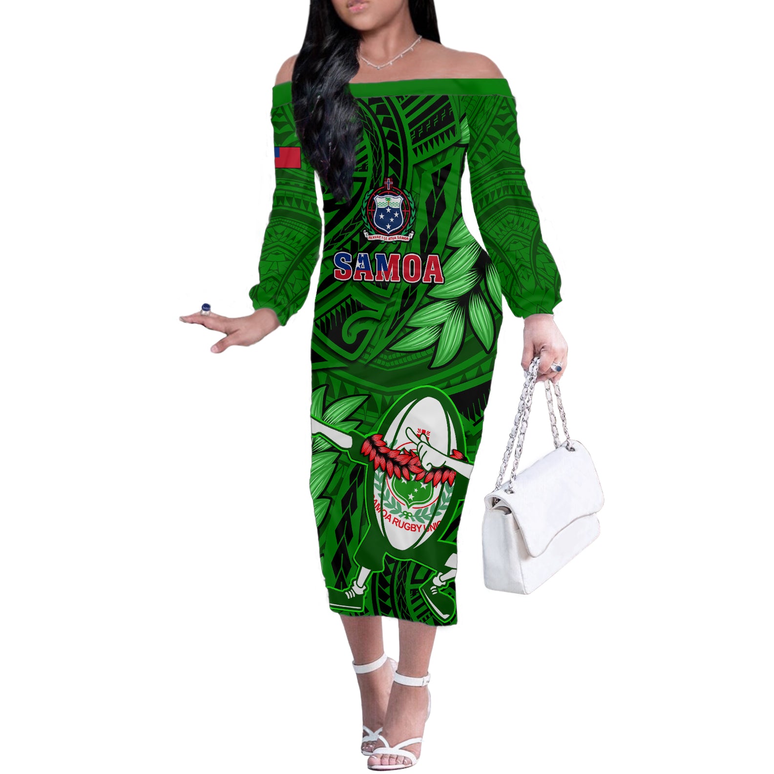 Samoa Rugby Off The Shoulder Long Sleeve Dress Manu Samoa Ula Fala Dabbing Ball Polynesian Green Version - Wonder Print Shop