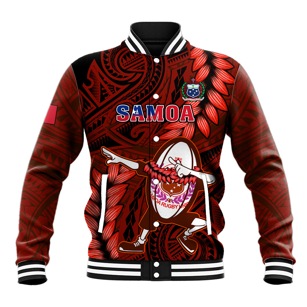 Unisex rugby baseball jacket, red/black, striped ribbed collar, button front, Samoa graphic
