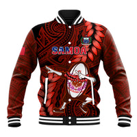Unisex rugby baseball jacket, red/black, striped ribbed collar, button front, Samoa graphic