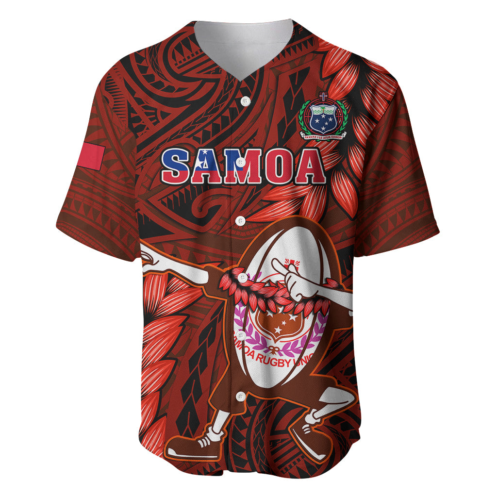 Men’s red patterned rugby baseball jersey with button front, collar, and tribal graphics.