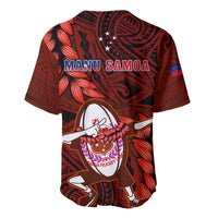 Back view of red patterned rugby jersey with bold MANU SAMOA print and crest.