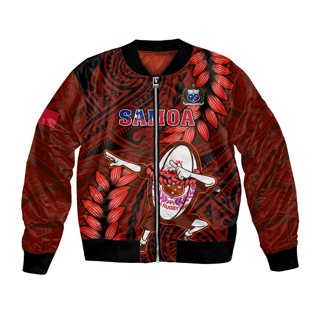 Red unisex rugby bomber jacket with front zipper and Samoa graphic on chest