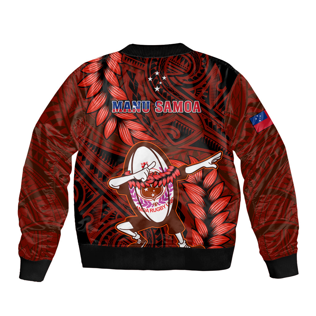 Red unisex rugby bomber jacket, back graphic with MANU Samoa text and dancer