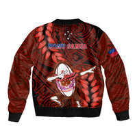 Red unisex rugby bomber jacket, back graphic with MANU Samoa text and dancer