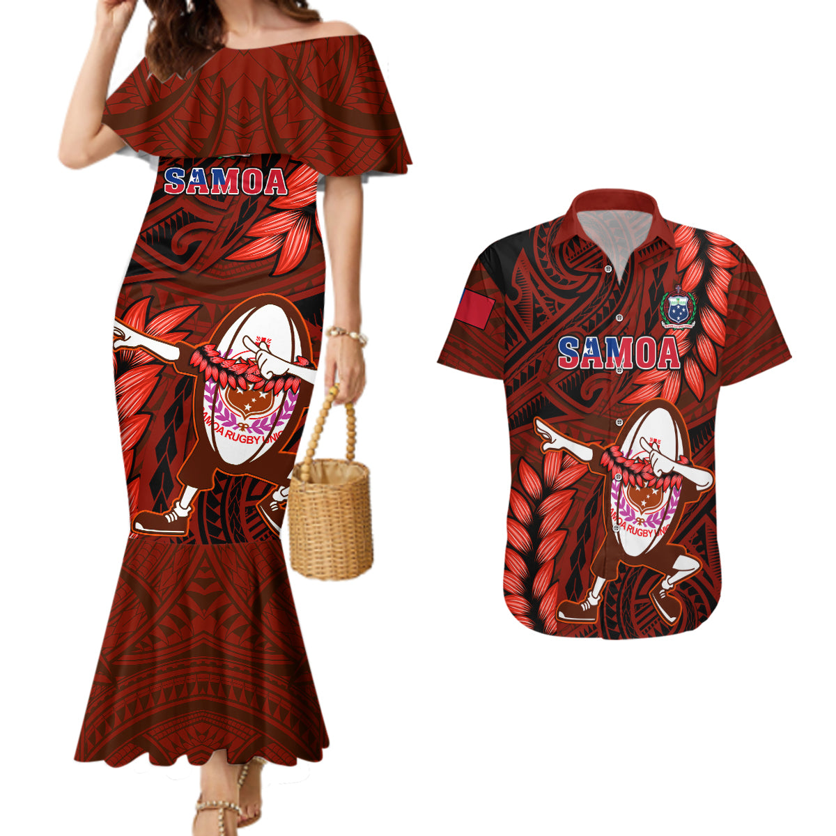 Samoa Rugby Couples Matching Mermaid Dress and Hawaiian Shirt Manu Samoa Ula Fala Dabbing Ball Polynesian Red Version - Wonder Print Shop